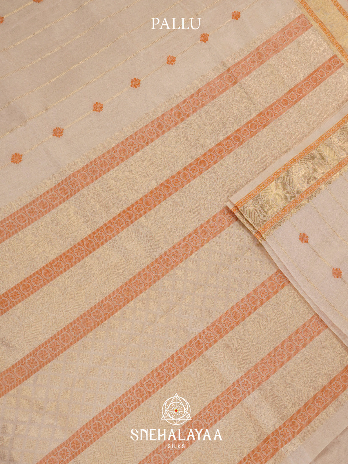 Cream Striped Silk Cotton Saree with Orange Buttas and Gold Zari Border