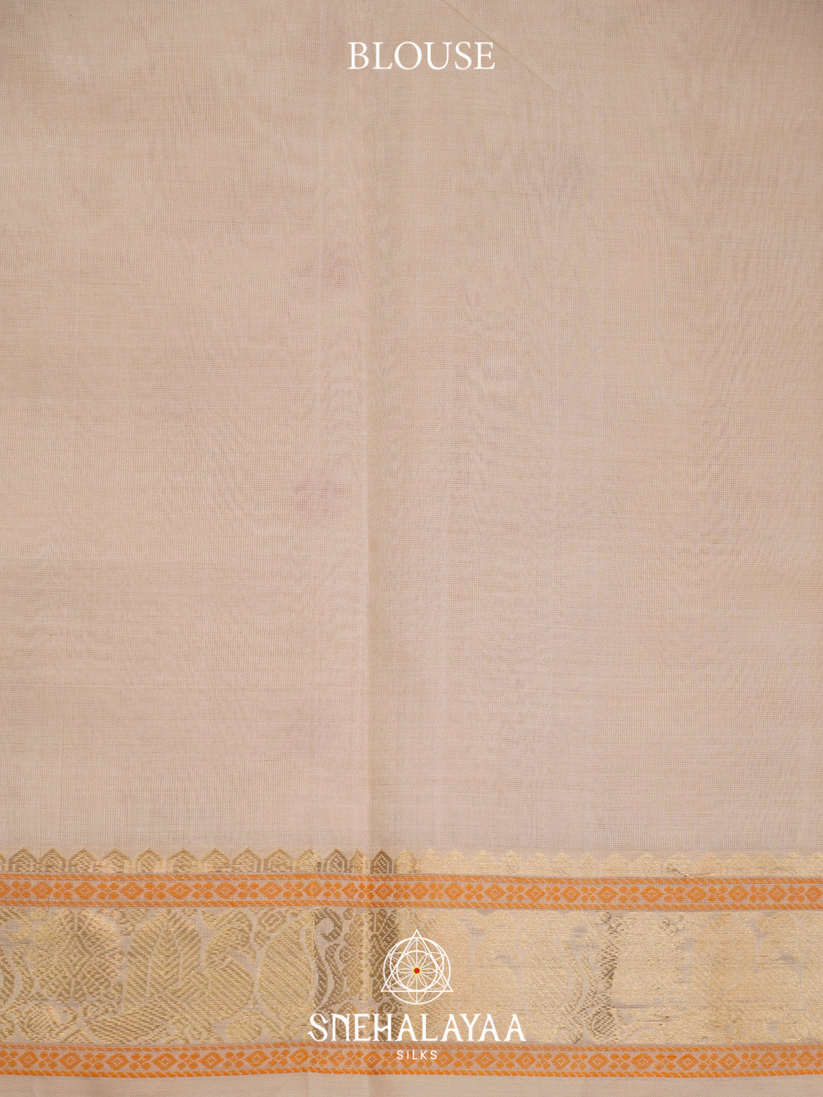 Cream Striped Silk Cotton Saree with Orange Buttas and Gold Zari Border