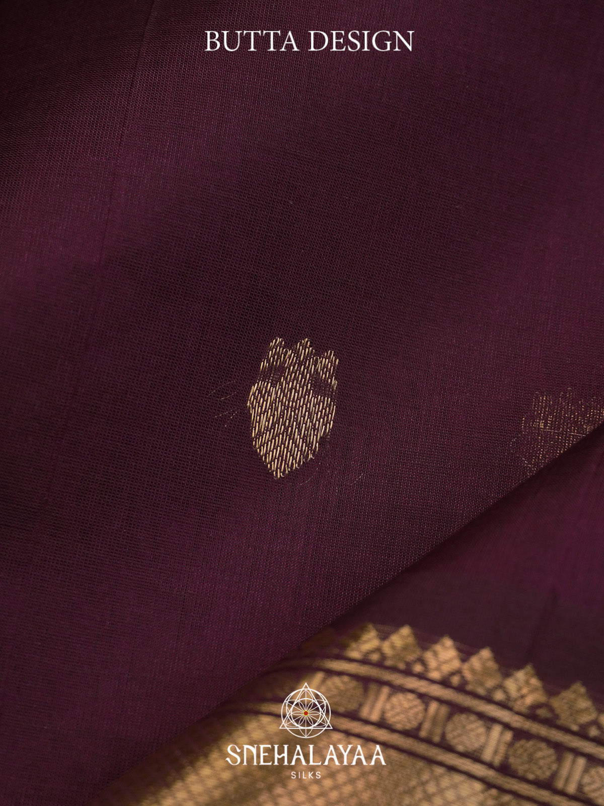 Wine Silk Cotton Saree with Gold Zari Buttas and Zari Border