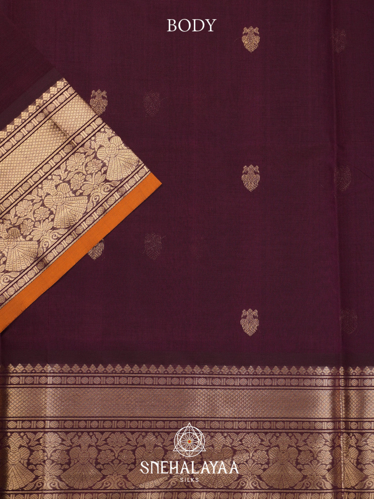 Wine Silk Cotton Saree with Gold Zari Buttas and Zari Border