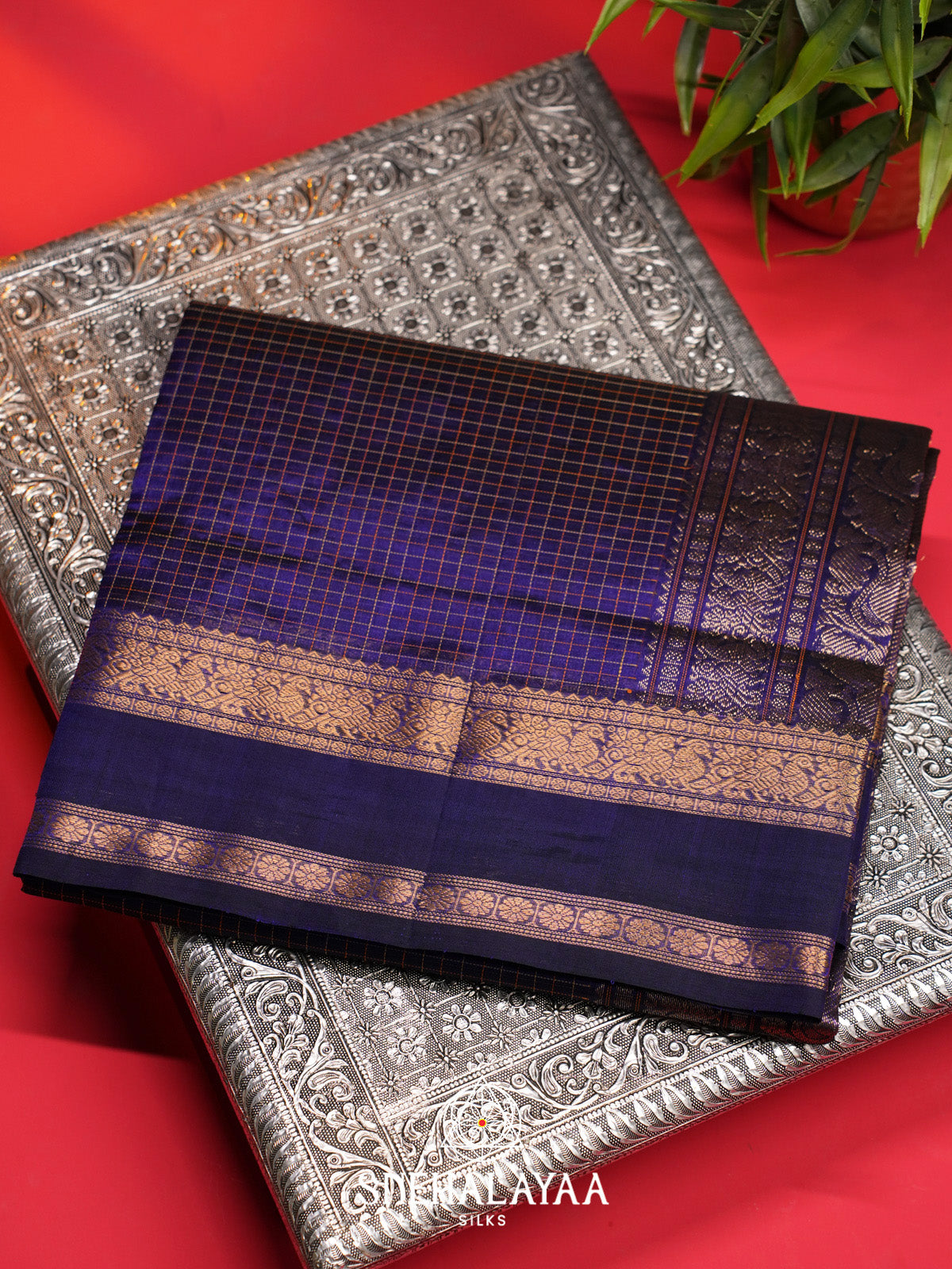 Royal Blue Checks Silk Cotton Saree with Gold Zari Border