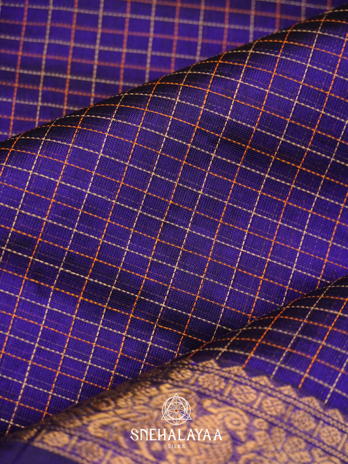 Royal Blue Checks Silk Cotton Saree with Gold Zari Border