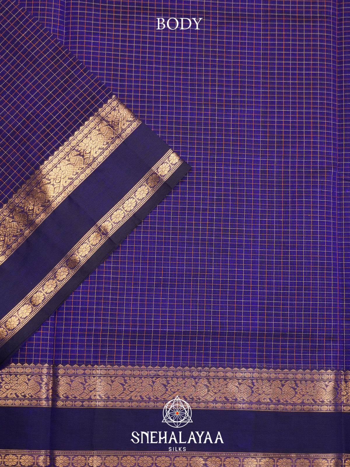 Royal Blue Checks Silk Cotton Saree with Gold Zari Border