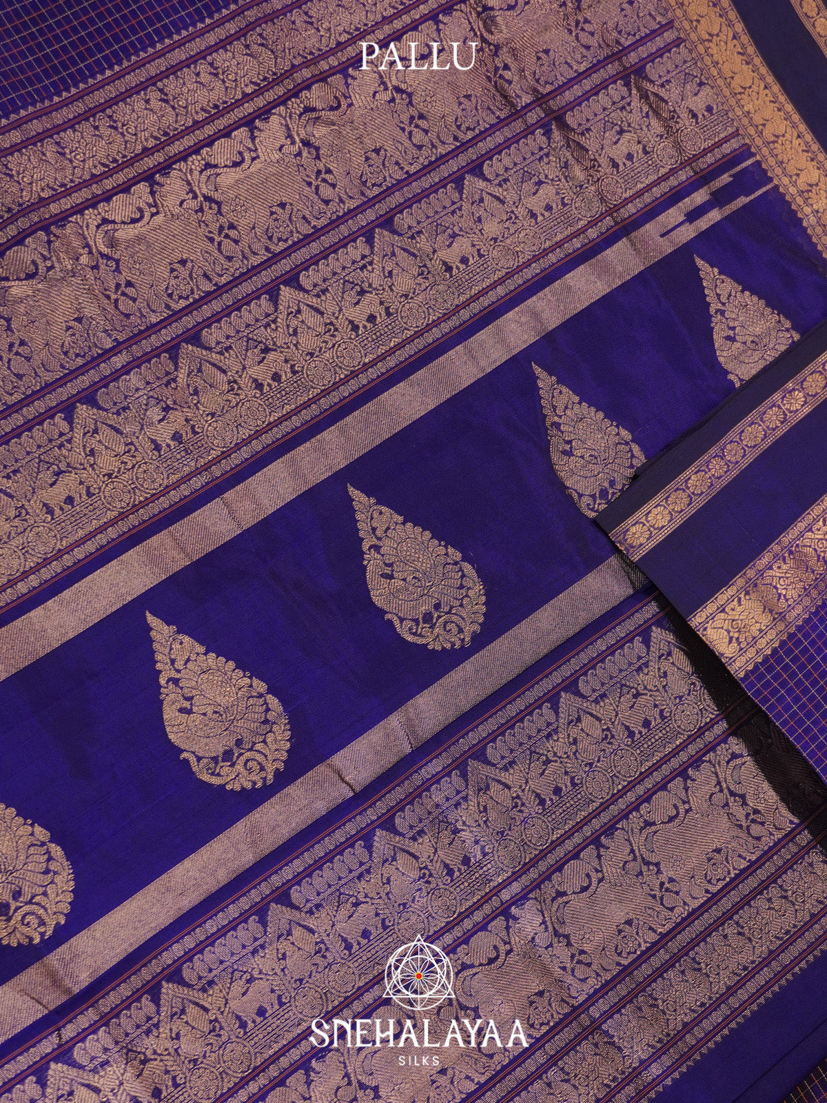Royal Blue Checks Silk Cotton Saree with Gold Zari Border