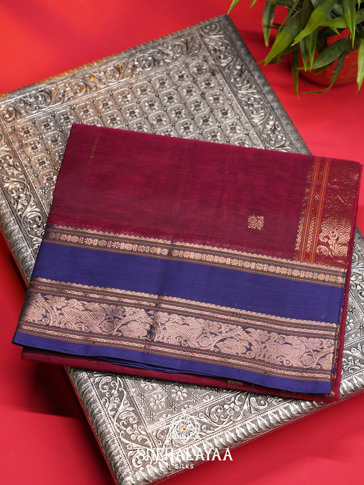 Wine Silk Cotton Saree with Royal Blue Gold Zari Border