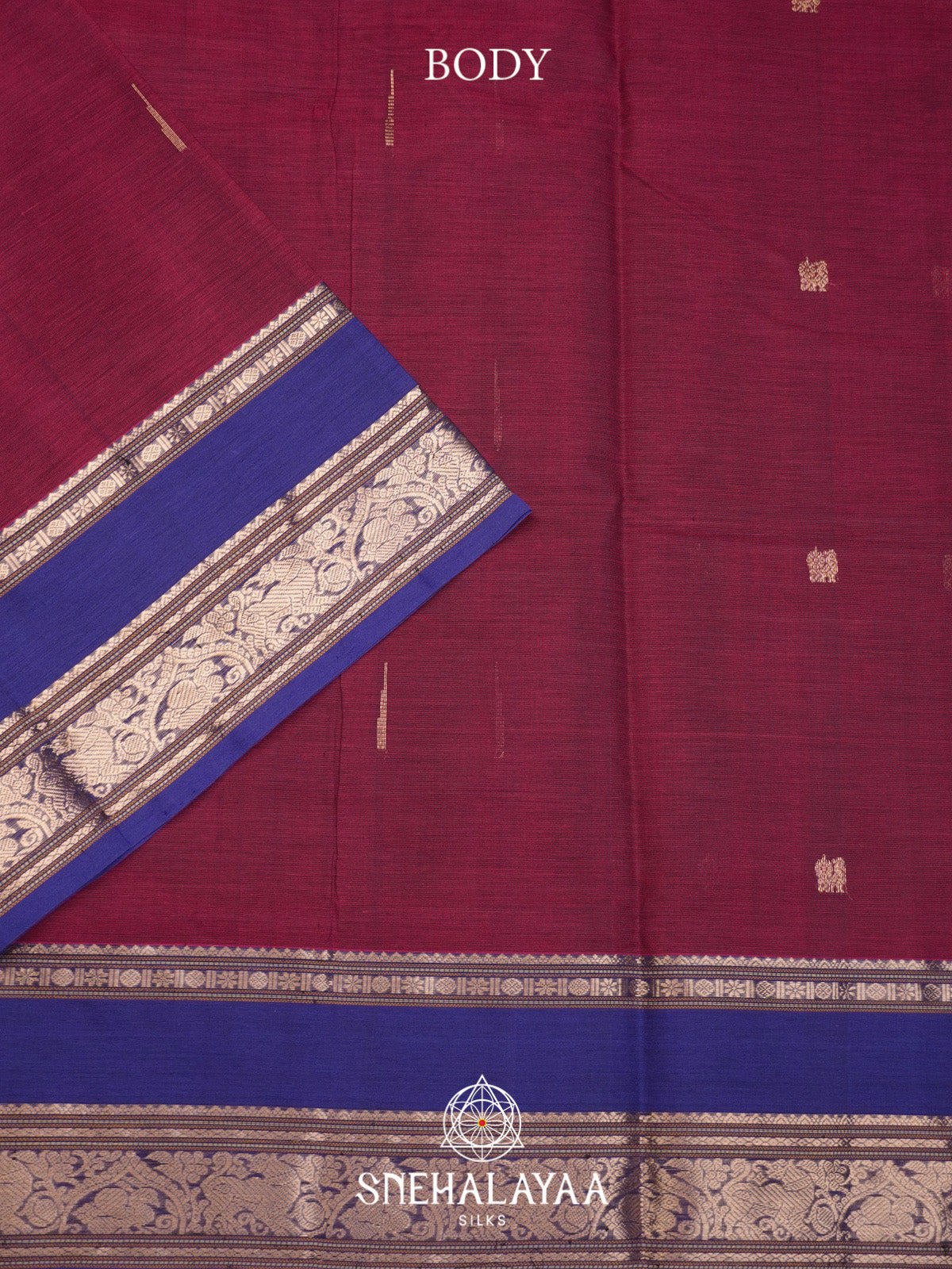 Wine Silk Cotton Saree with Royal Blue Gold Zari Border