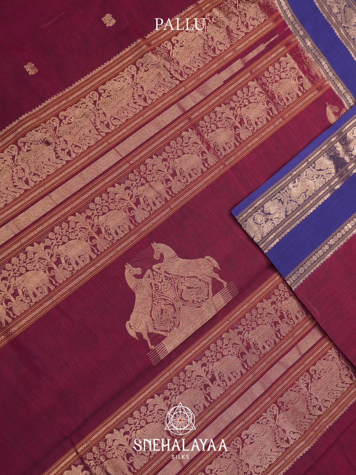 Wine Silk Cotton Saree with Royal Blue Gold Zari Border