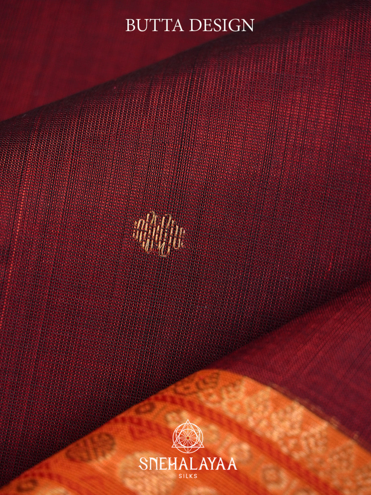 Maroon Silk Cotton Saree with Orange Gold Zari Border