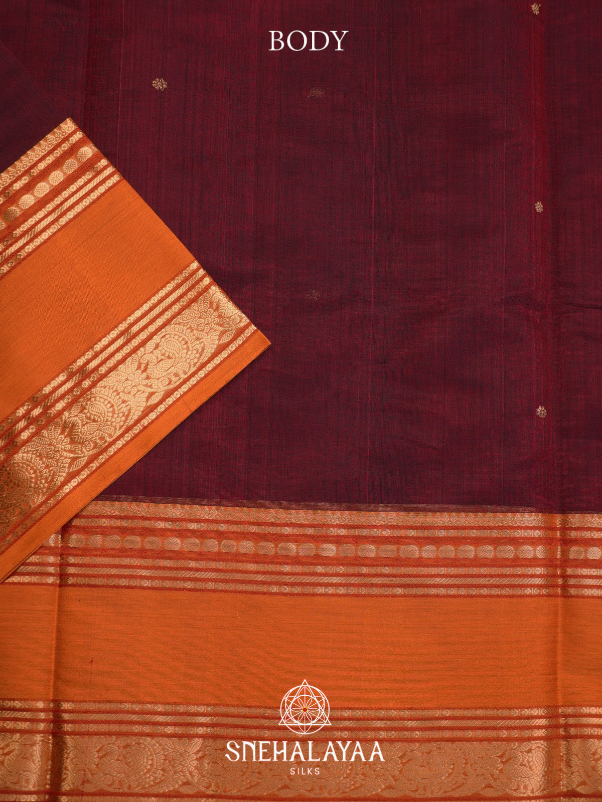 Maroon Silk Cotton Saree with Orange Gold Zari Border