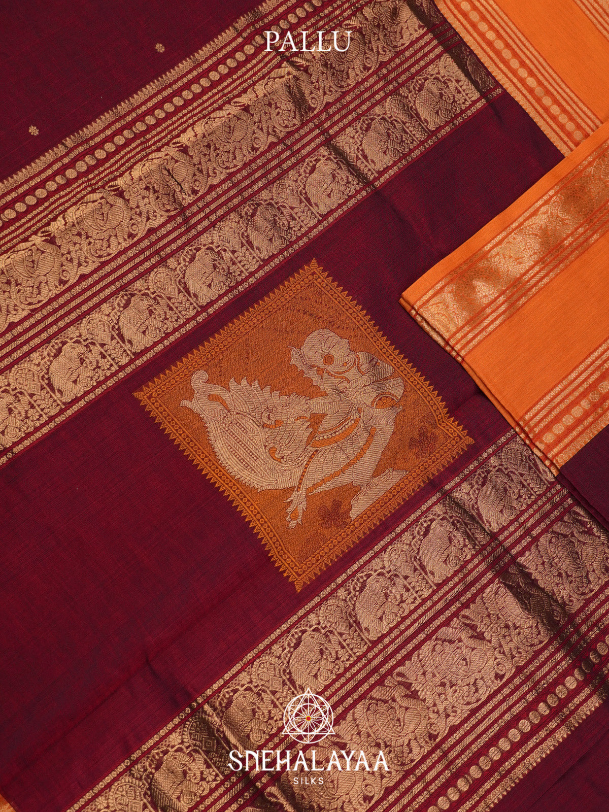 Maroon Silk Cotton Saree with Orange Gold Zari Border