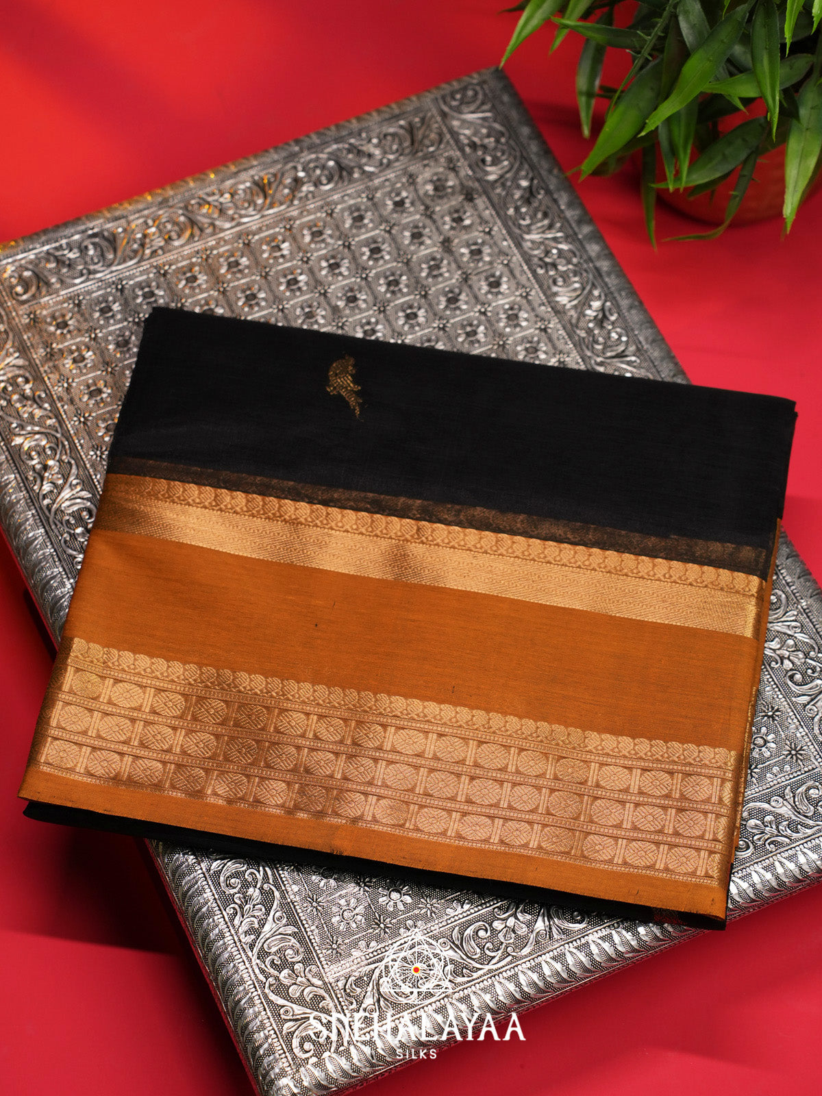 Black Silk Cotton Saree with Gold Zari Buttas and Mustard Orange Border