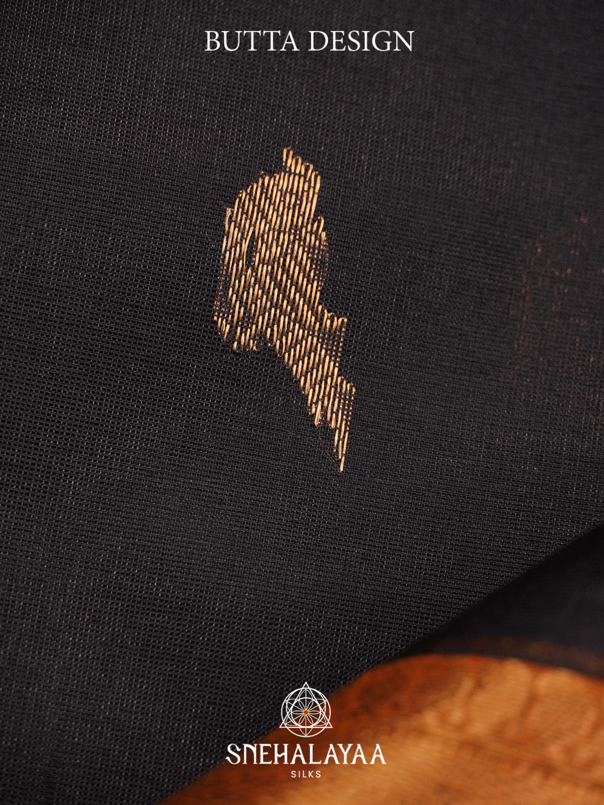 Black Silk Cotton Saree with Gold Zari Buttas and Mustard Orange Border