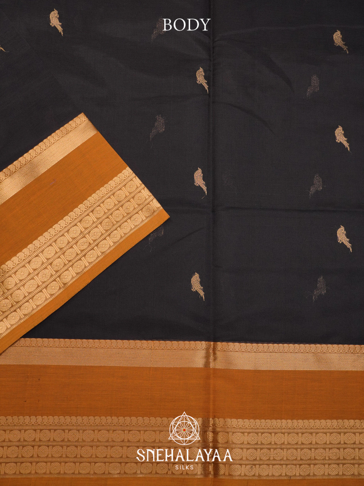 Black Silk Cotton Saree with Gold Zari Buttas and Mustard Orange Border