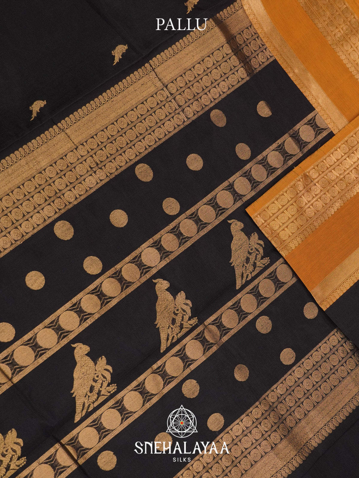 Black Silk Cotton Saree with Gold Zari Buttas and Mustard Orange Border