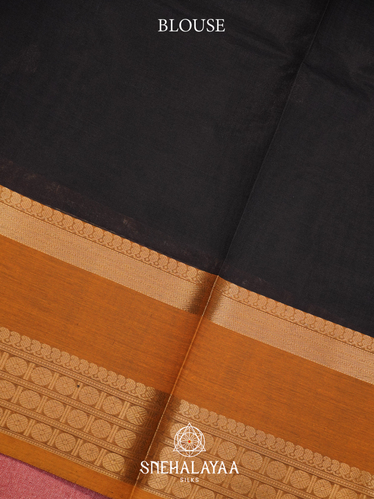 Black Silk Cotton Saree with Gold Zari Buttas and Mustard Orange Border