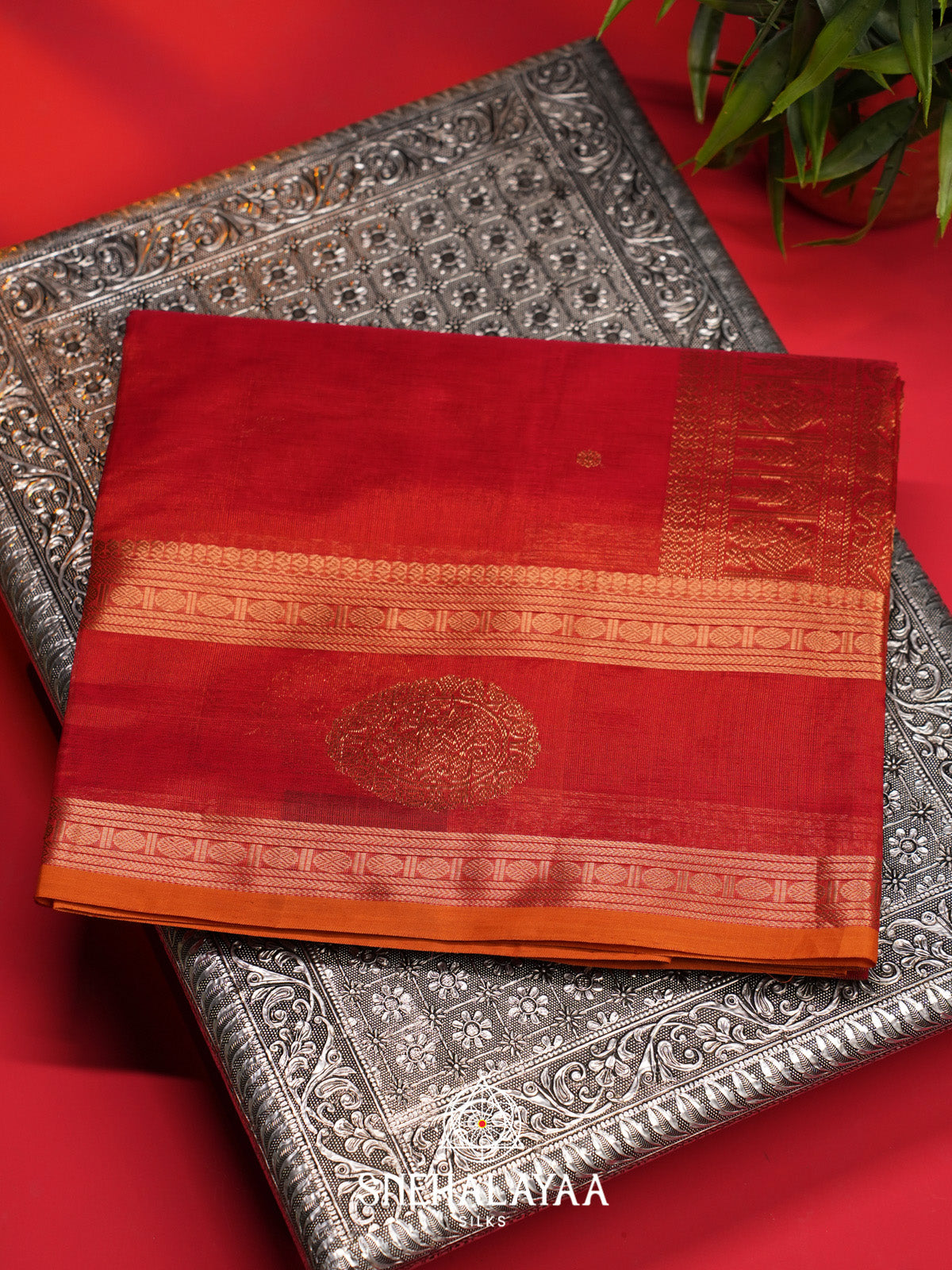 Red Silk Cotton Saree with Gold Zari Border