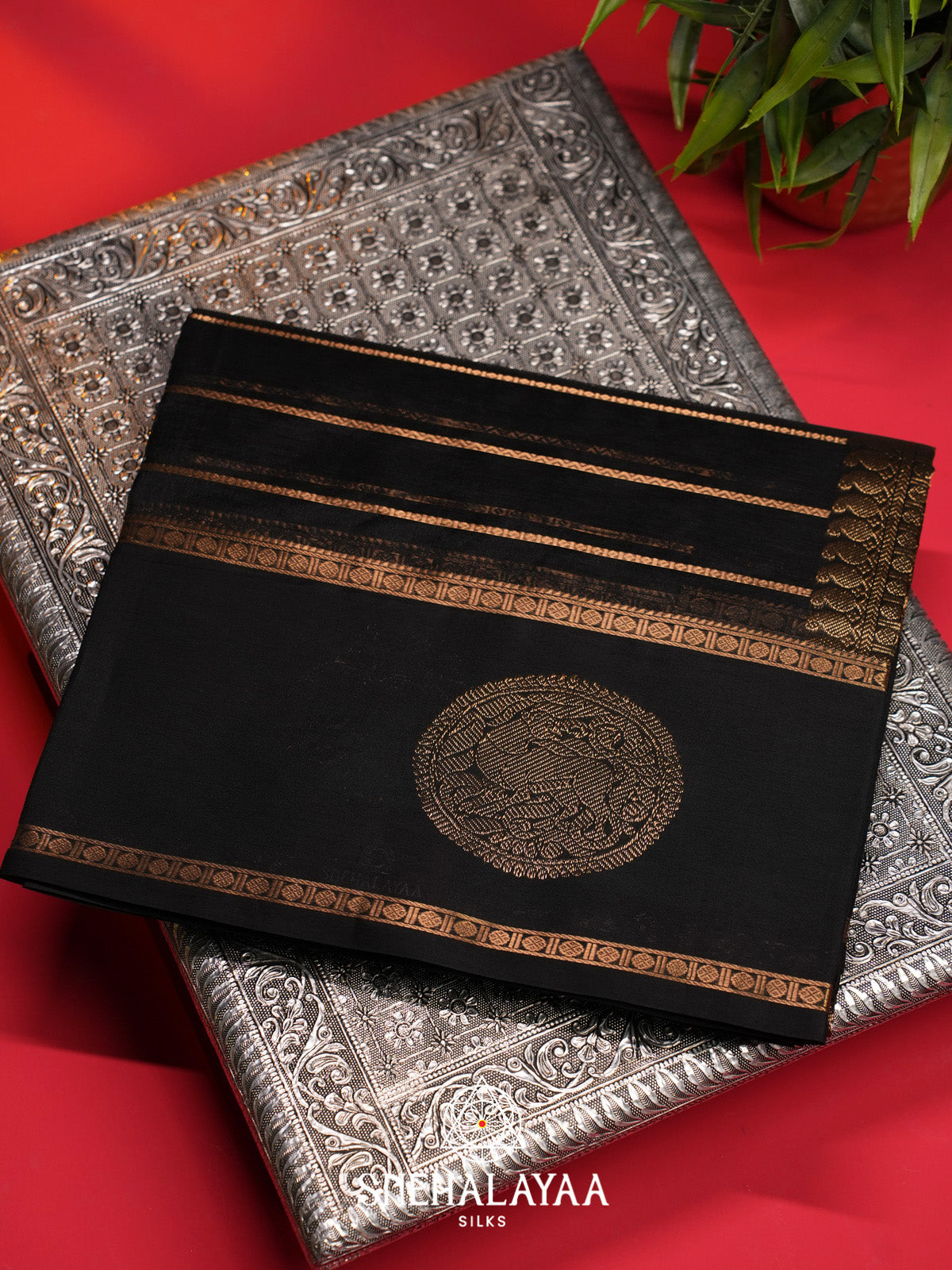 Black Striped Silk Cotton Saree with Gold Zari Motifs and Border