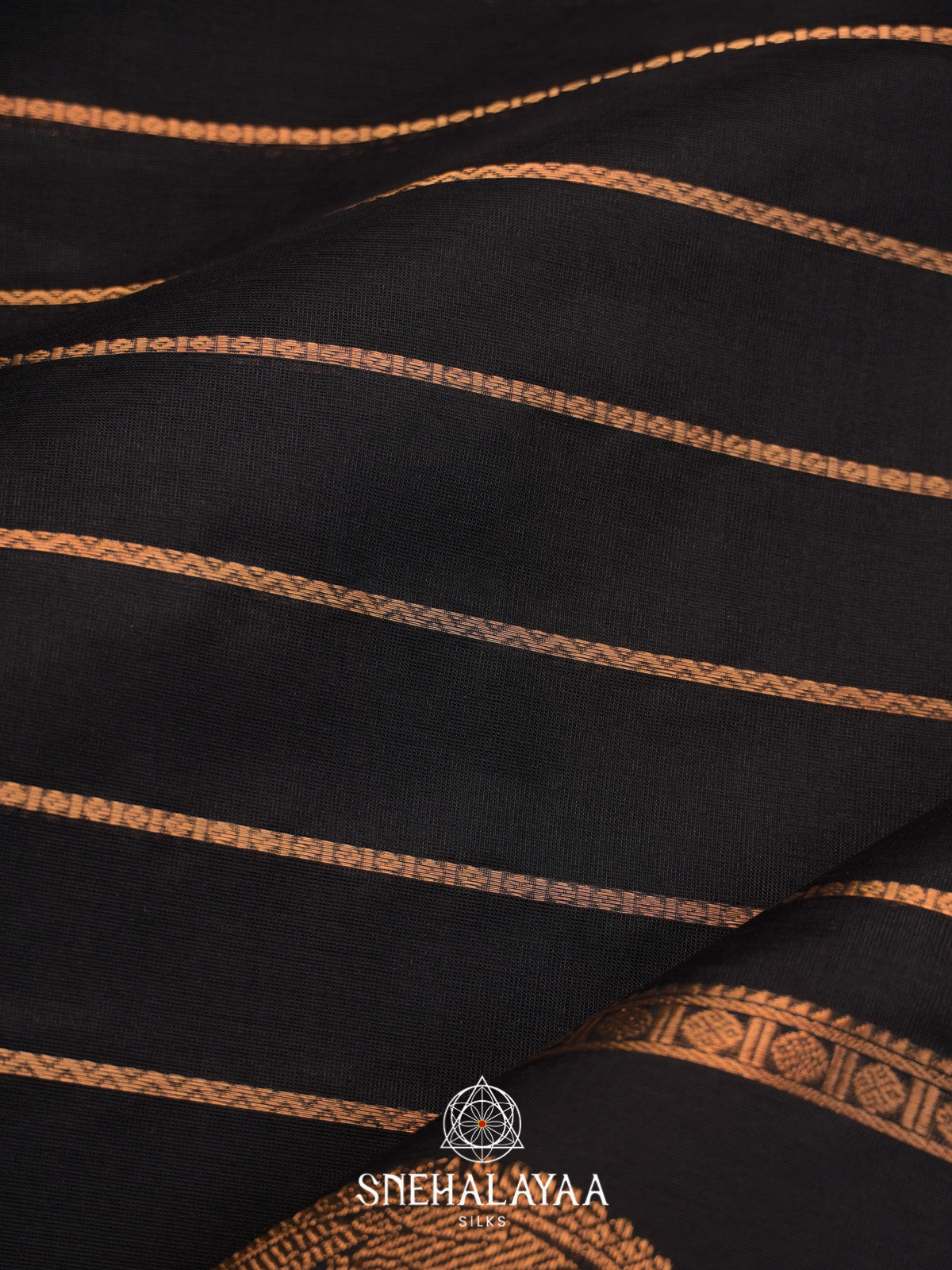 Black Striped Silk Cotton Saree with Gold Zari Motifs and Border