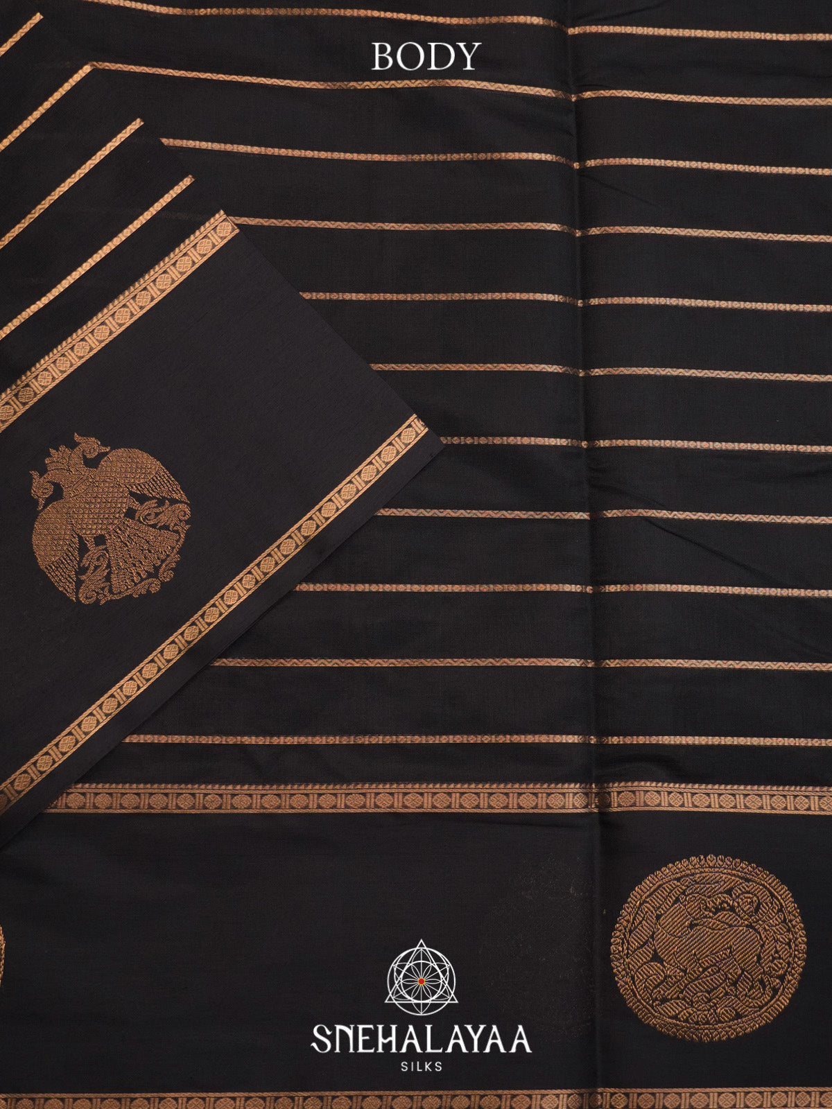 Black Striped Silk Cotton Saree with Gold Zari Motifs and Border