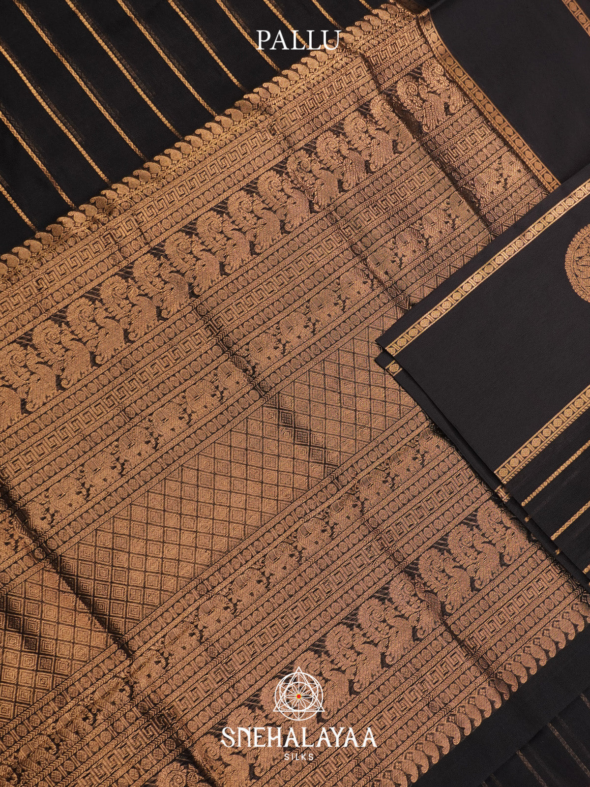 Black Striped Silk Cotton Saree with Gold Zari Motifs and Border