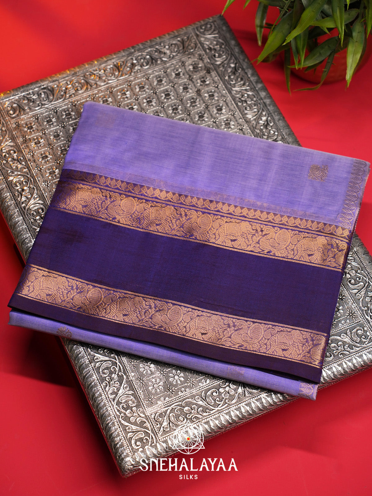 Lavender Silk Cotton Saree with Gold Zari Buttas and Purple Zari Border