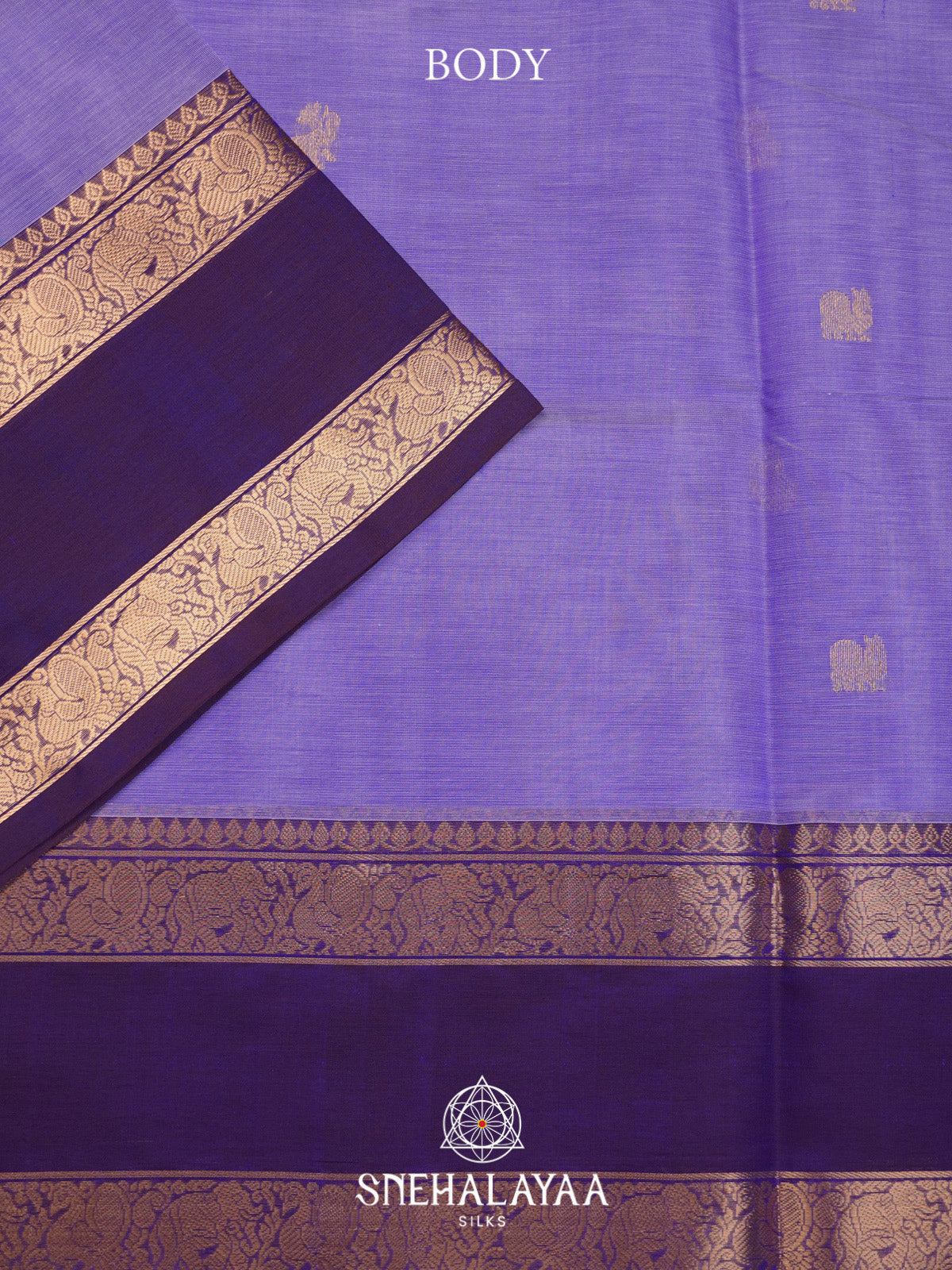 Lavender Silk Cotton Saree with Gold Zari Buttas and Purple Zari Border
