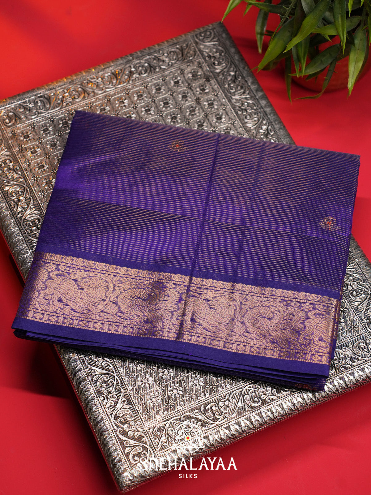 Royal Purple Striped Silk Cotton Saree with Gold Zari Buttas and Zari Border