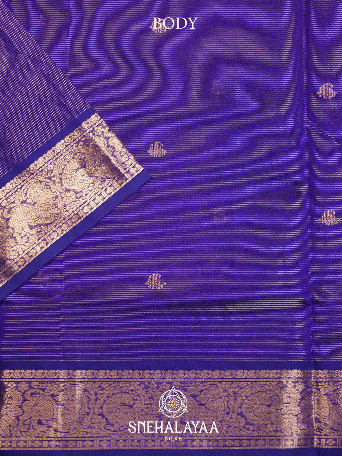 Royal Purple Striped Silk Cotton Saree with Gold Zari Buttas and Zari Border