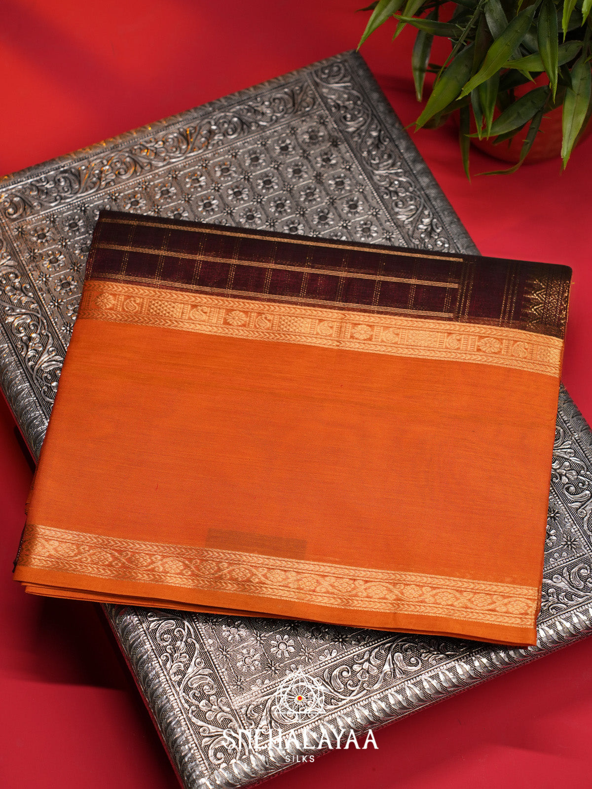 Maroon Checks Silk Cotton Saree with Orange Contrast Border