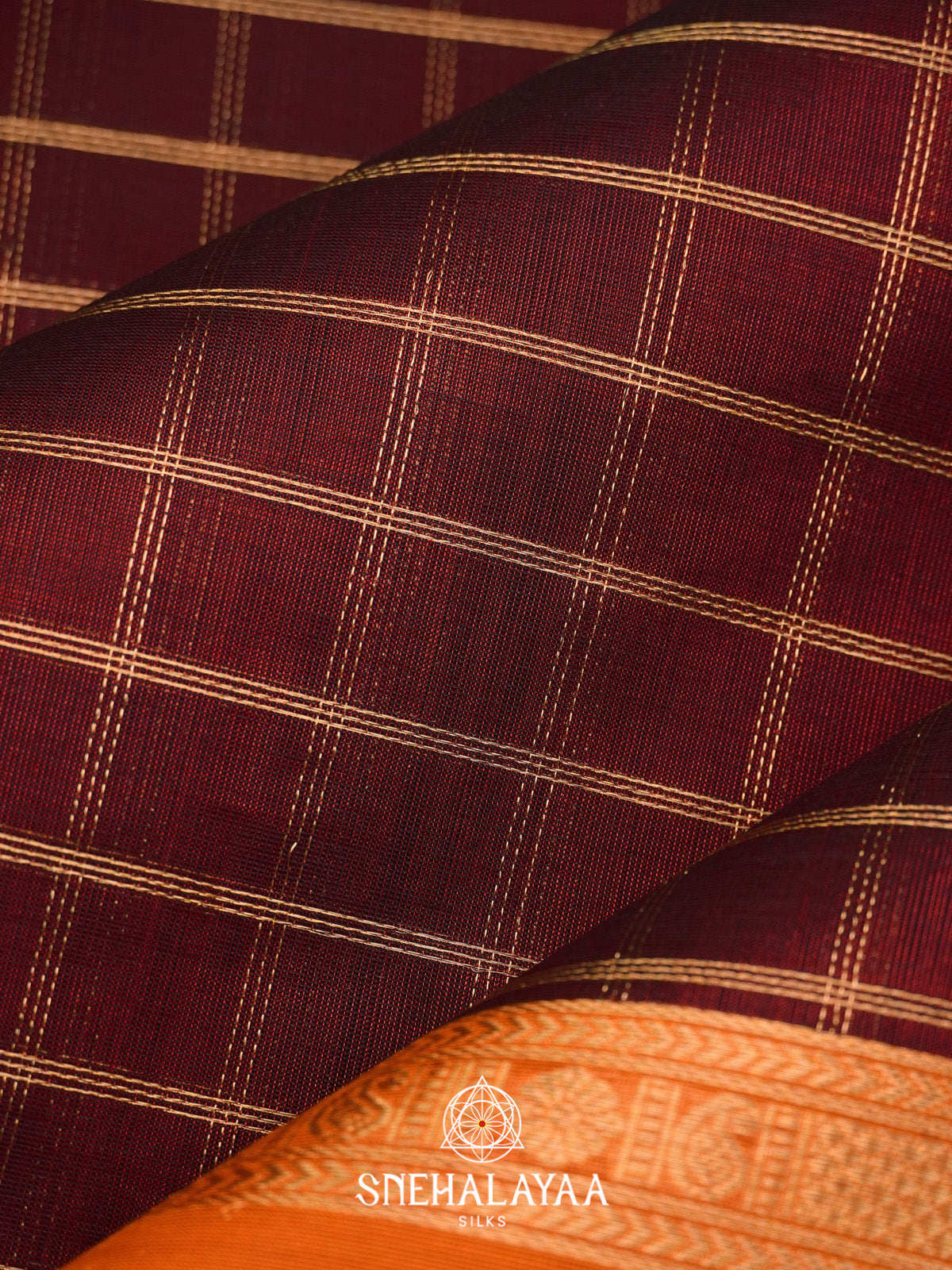 Maroon Checks Silk Cotton Saree with Orange Contrast Border