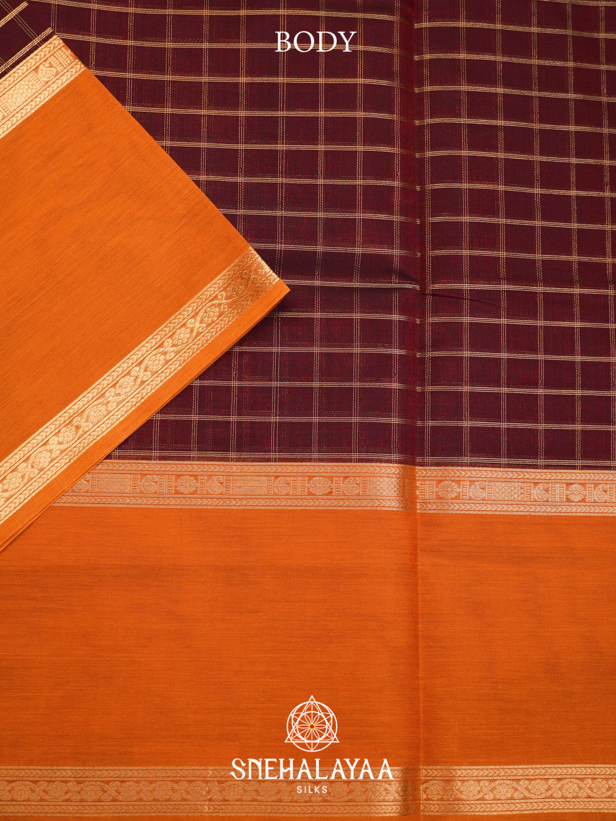 Maroon Checks Silk Cotton Saree with Orange Contrast Border