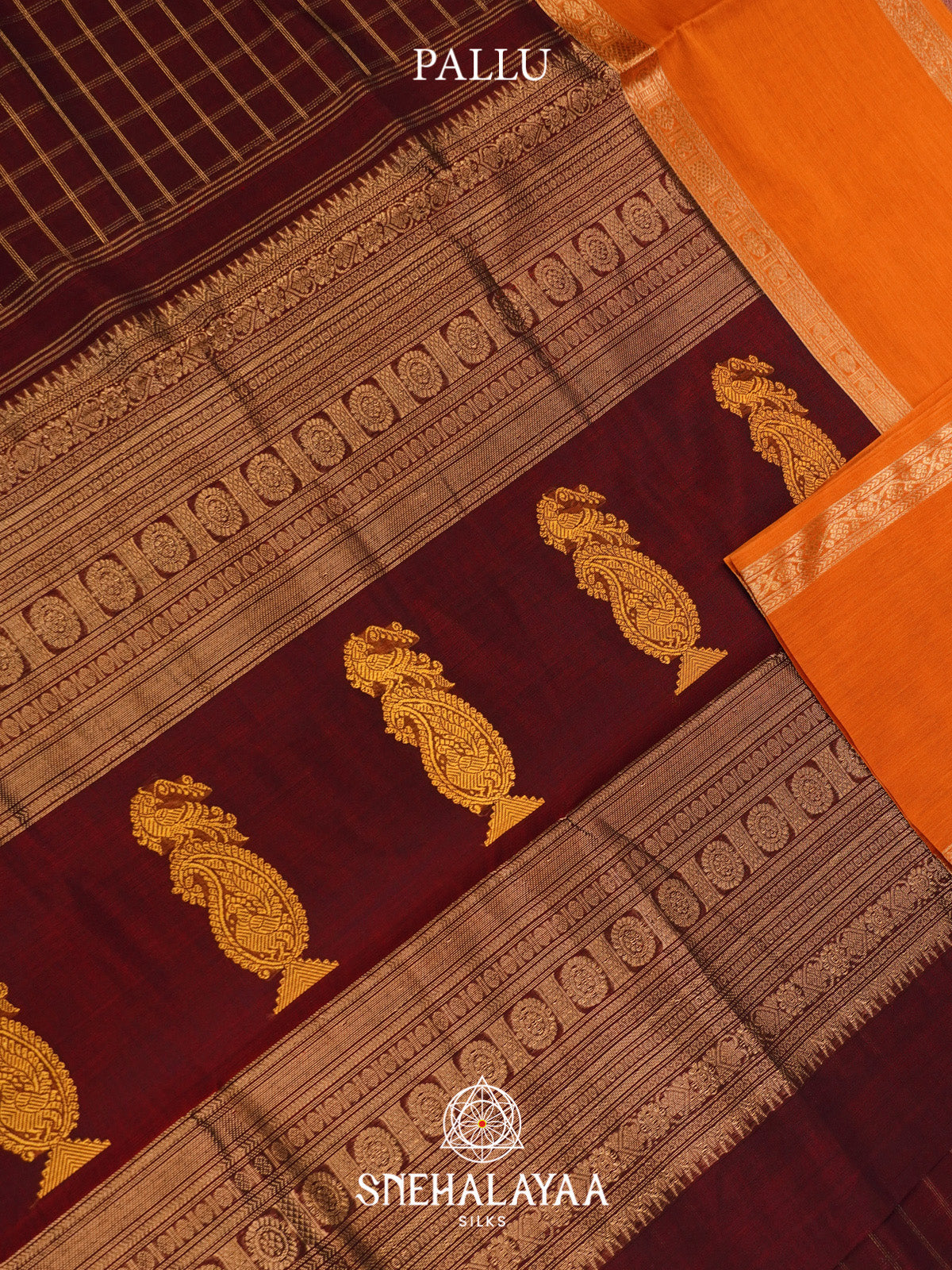 Maroon Checks Silk Cotton Saree with Orange Contrast Border