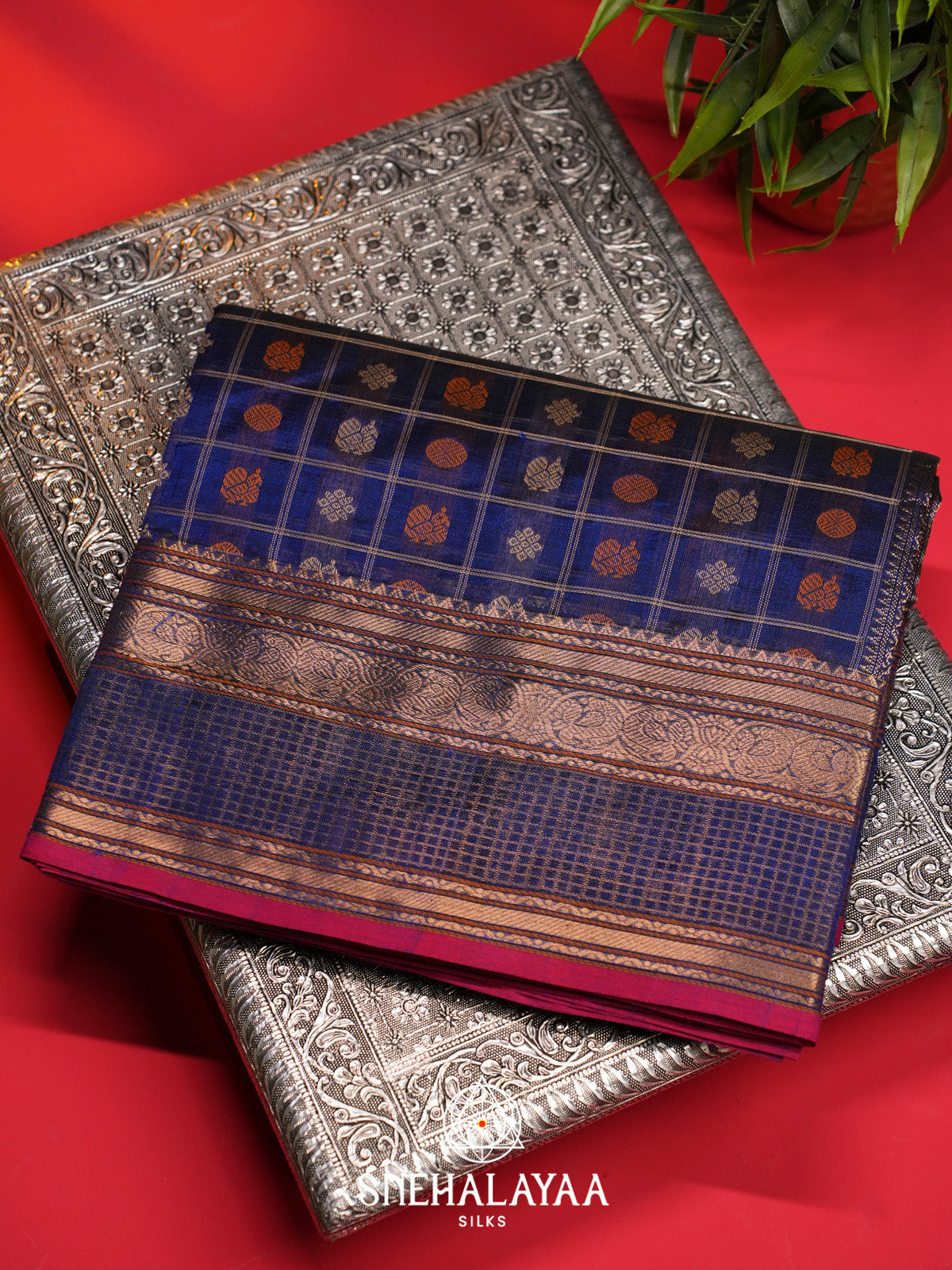Royal Blue Mayil Chakram Checks Silk Cotton Saree with Gold Zari Border