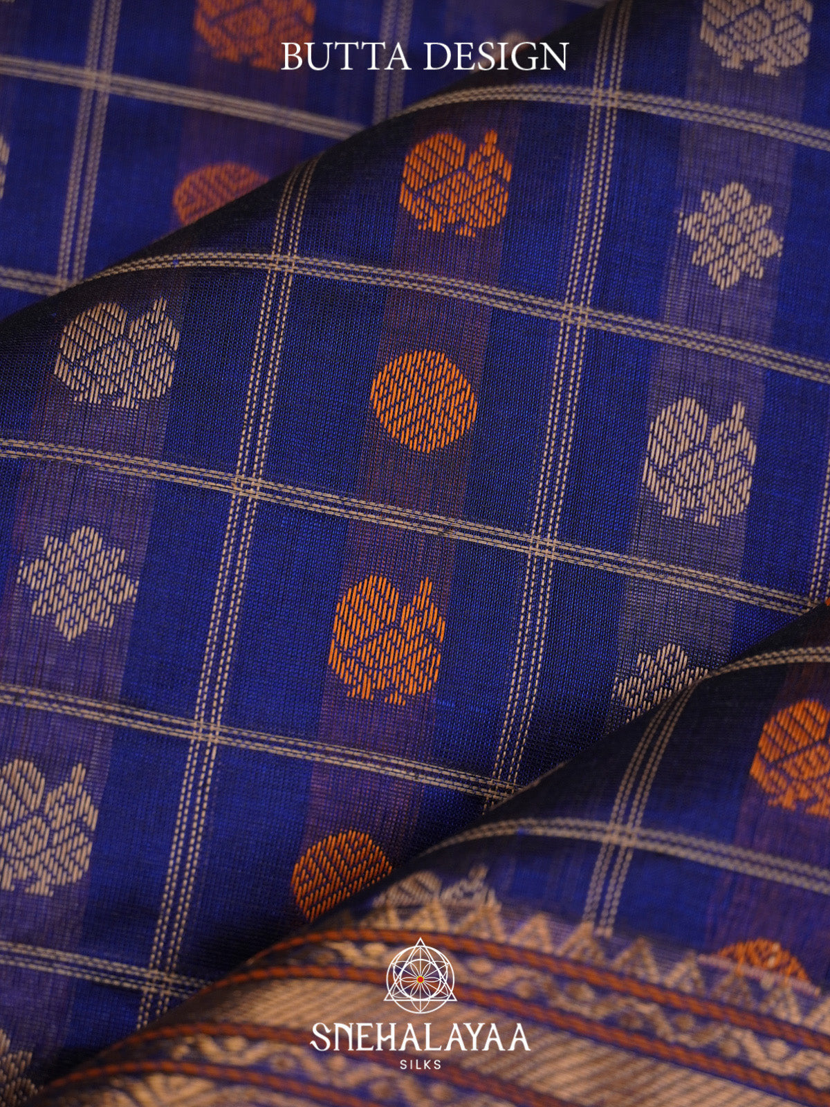 Royal Blue Mayil Chakram Checks Silk Cotton Saree with Gold Zari Border