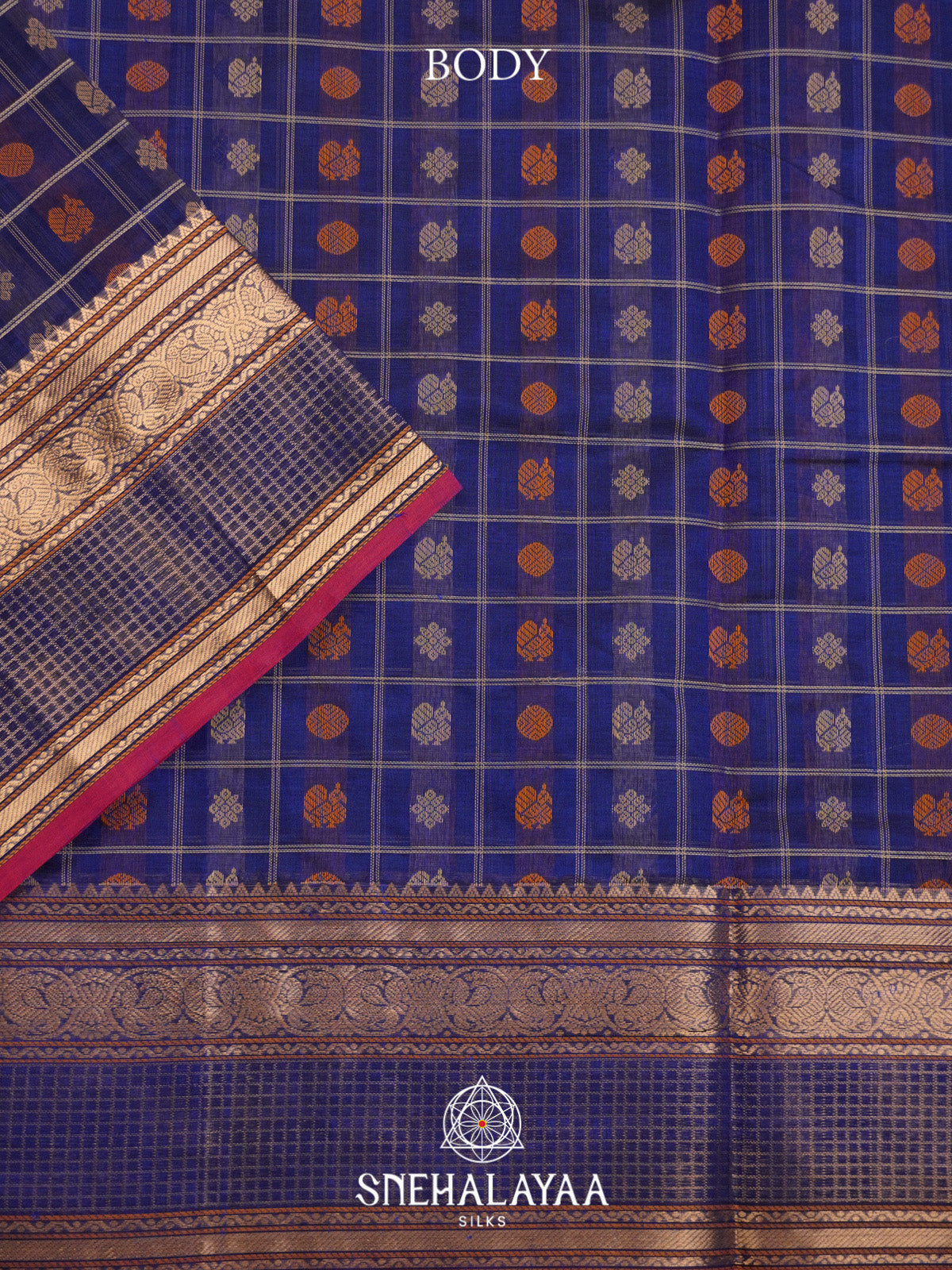 Royal Blue Mayil Chakram Checks Silk Cotton Saree with Gold Zari Border