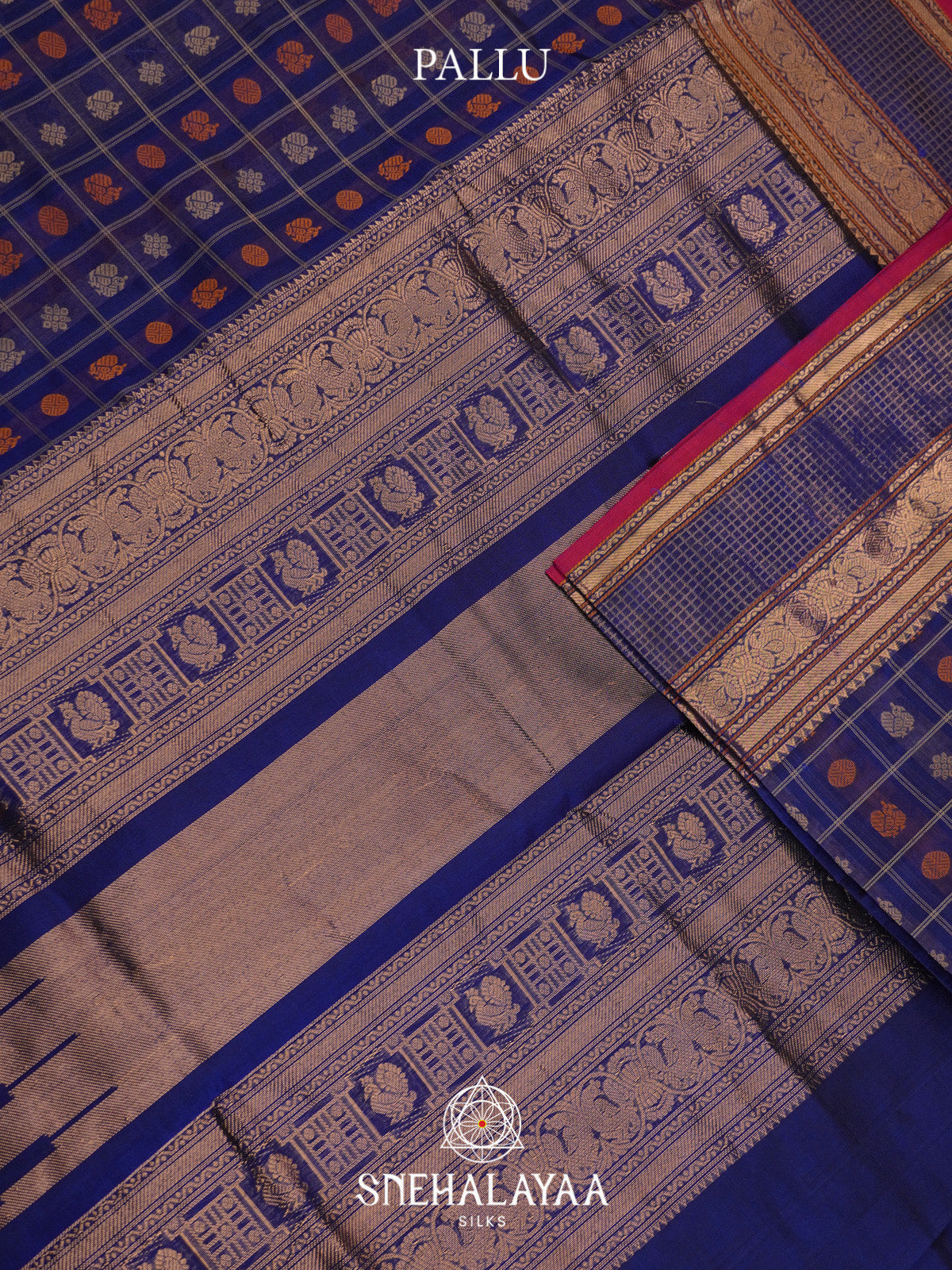 Royal Blue Mayil Chakram Checks Silk Cotton Saree with Gold Zari Border