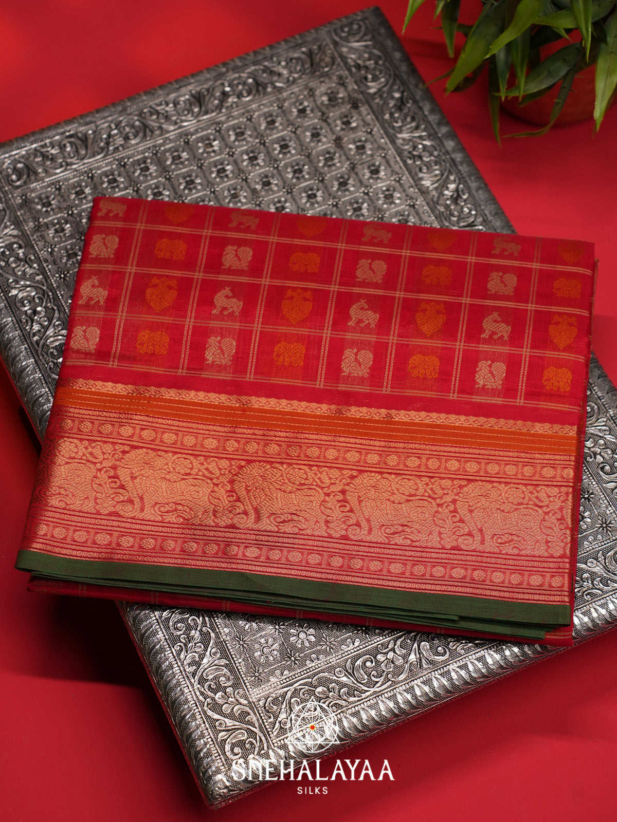 Red Checks Silk Cotton Saree with Gold Zari Border