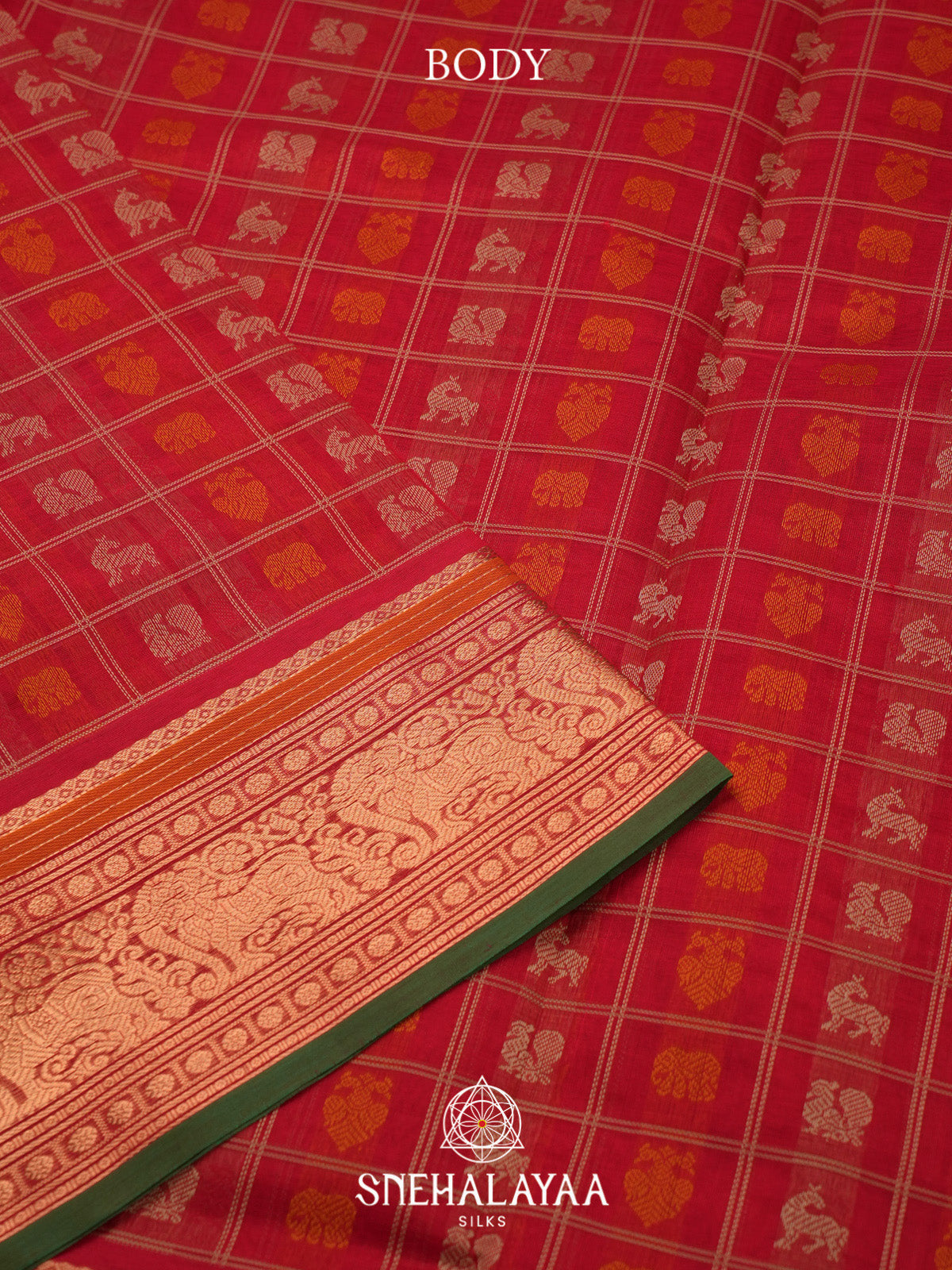 Red Checks Silk Cotton Saree with Gold Zari Border