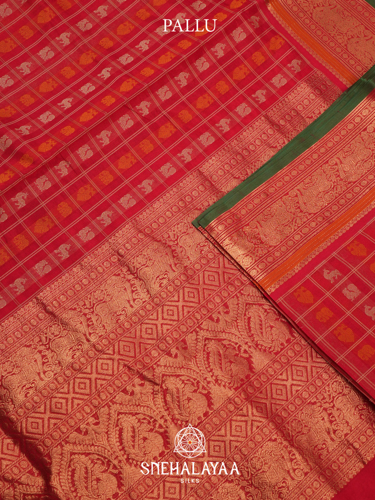 Red Checks Silk Cotton Saree with Gold Zari Border