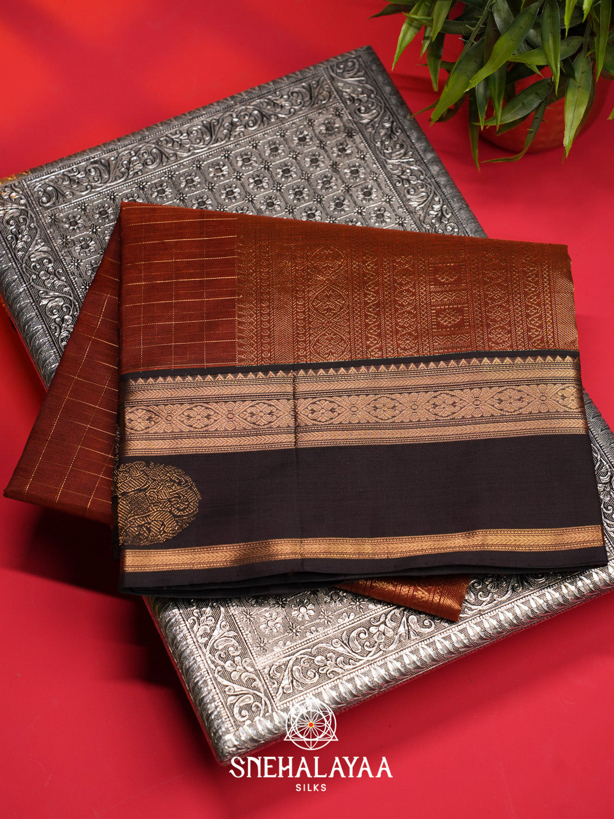 Rust Checks Silk Cotton Saree with Black Gold Zari Border