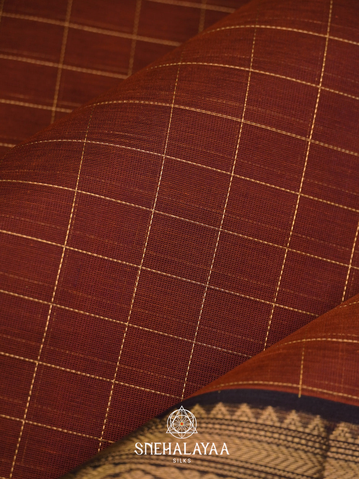 Rust Checks Silk Cotton Saree with Black Gold Zari Border