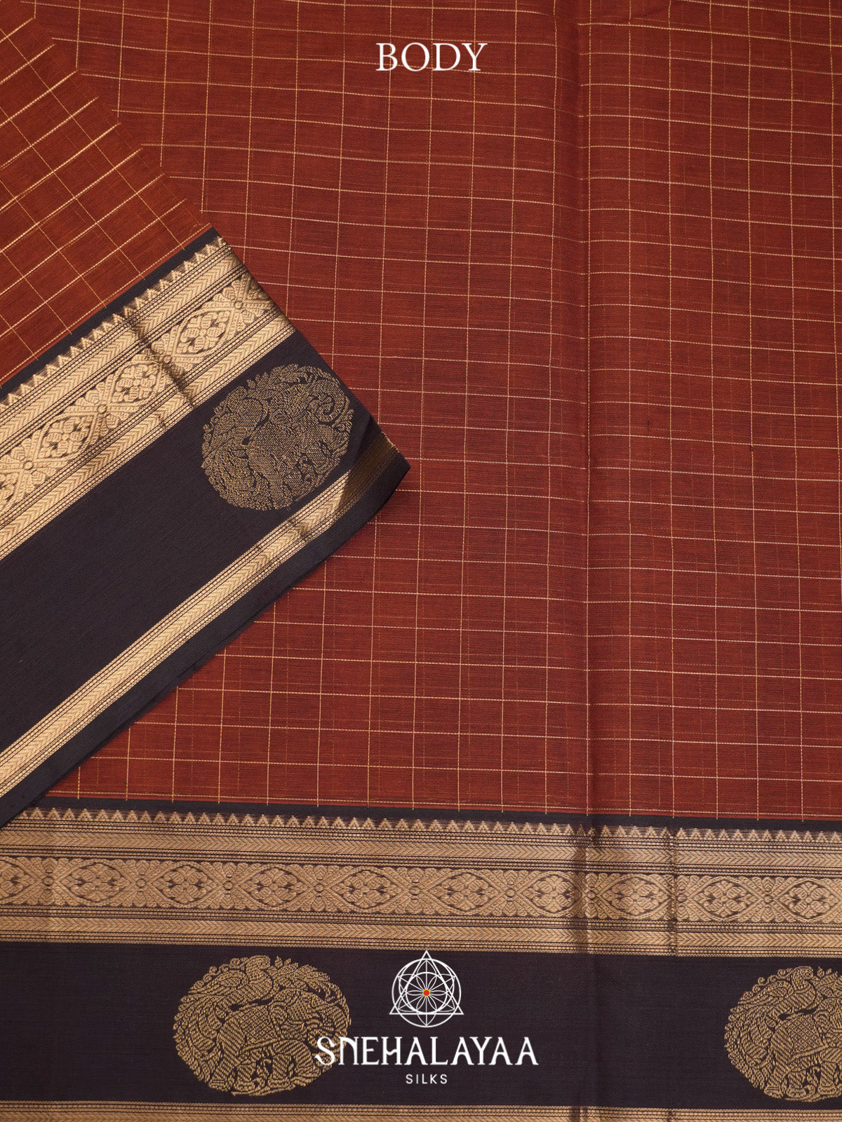 Rust Checks Silk Cotton Saree with Black Gold Zari Border
