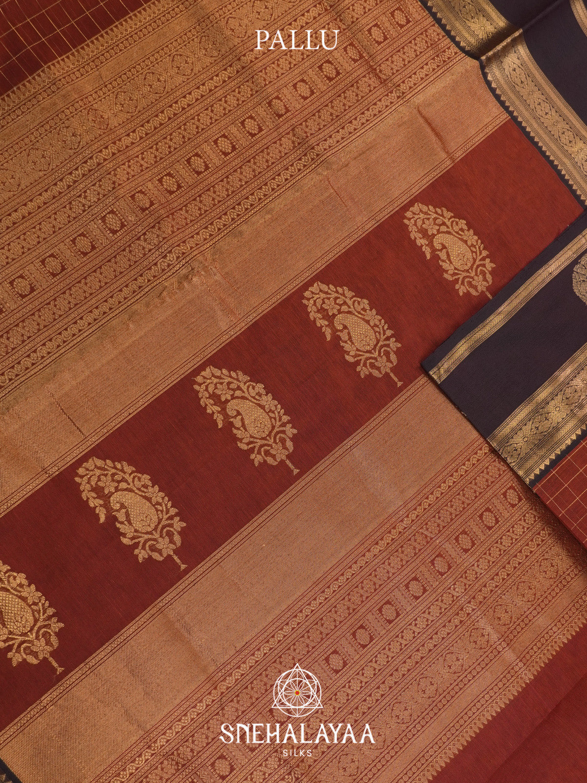 Rust Checks Silk Cotton Saree with Black Gold Zari Border