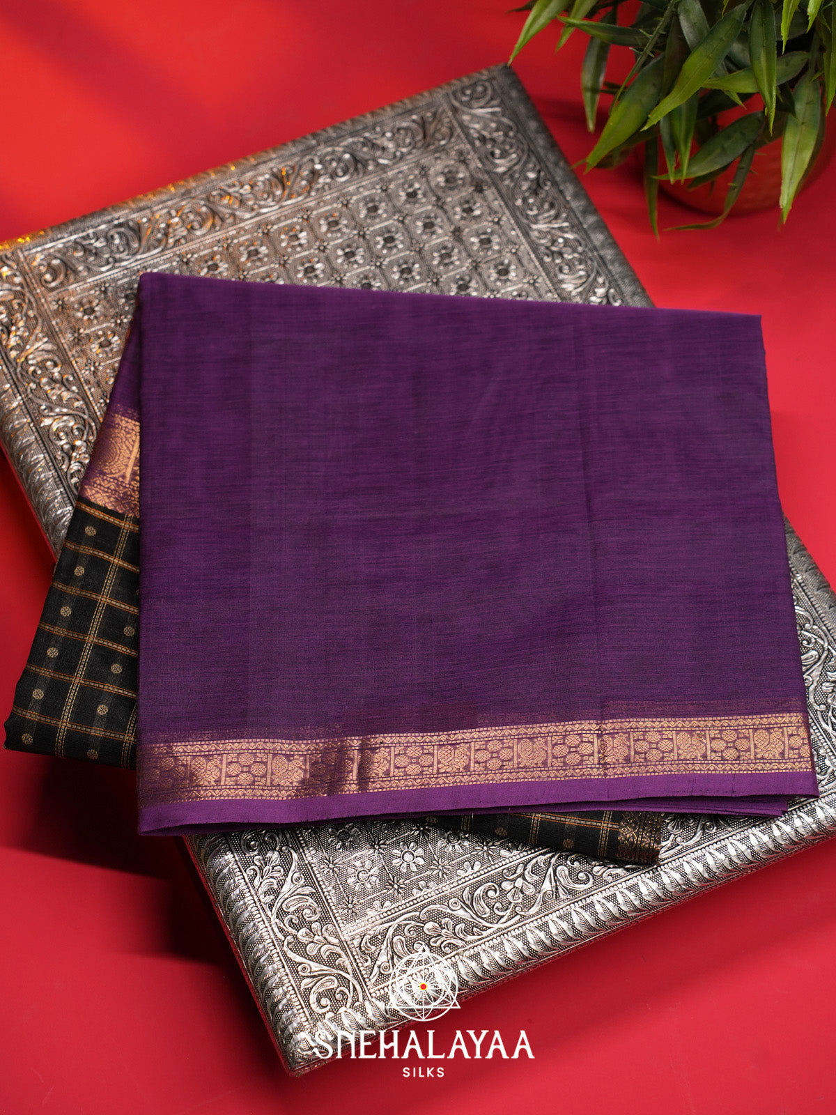 Black Checks Silk Cotton Saree with Purple Contrast Border