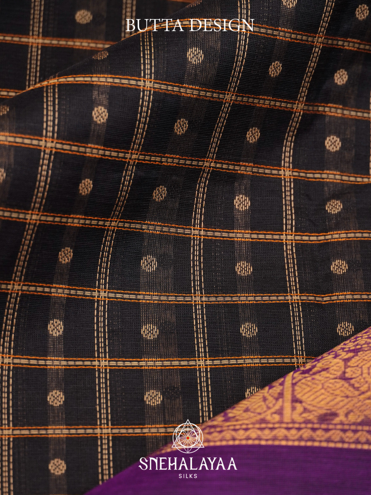 Black Checks Silk Cotton Saree with Purple Contrast Border