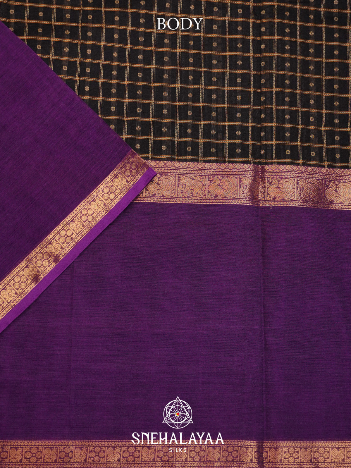Black Checks Silk Cotton Saree with Purple Contrast Border