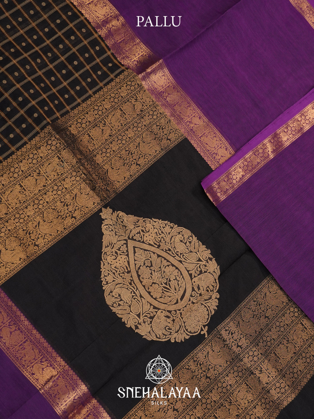 Black Checks Silk Cotton Saree with Purple Contrast Border