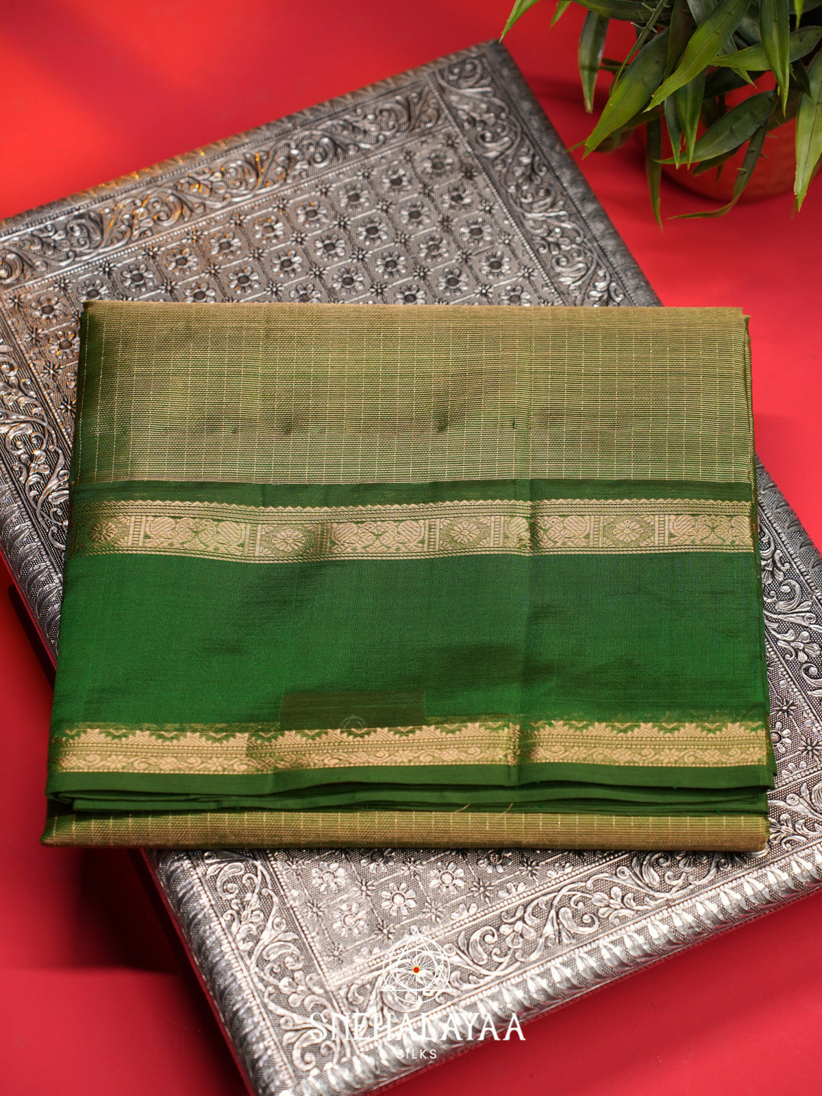 Olive Green Checks Silk Cotton Saree with Gold Zari Border