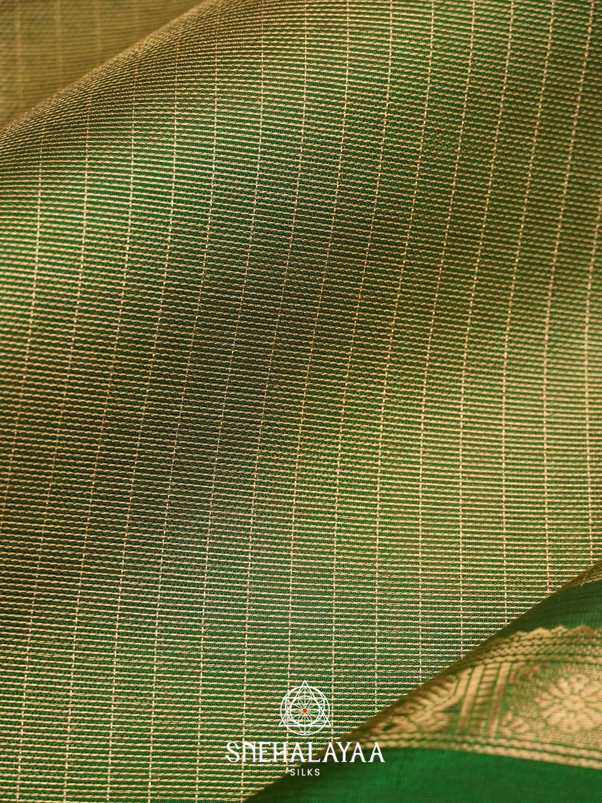 Olive Green Checks Silk Cotton Saree with Gold Zari Border