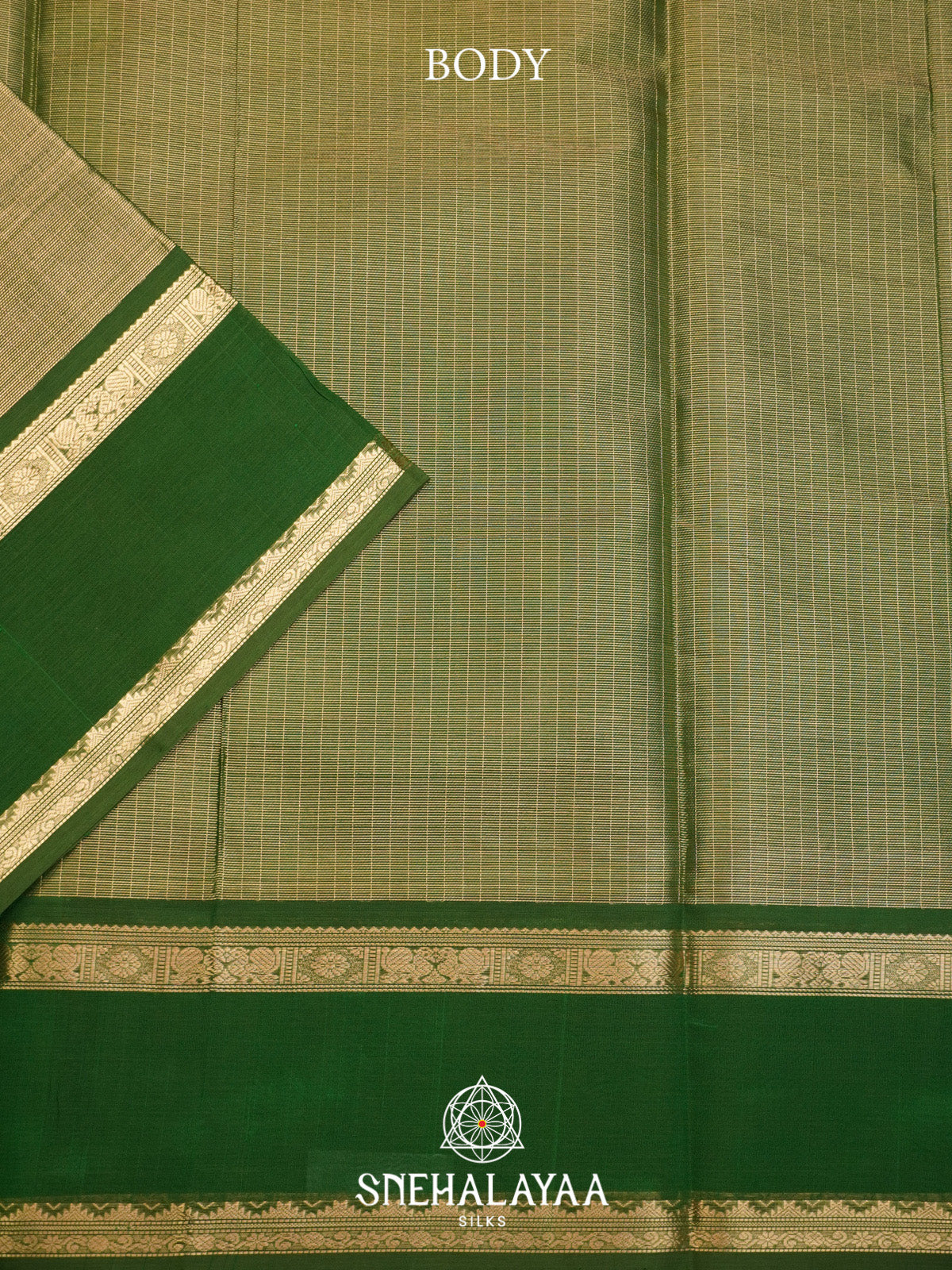 Olive Green Checks Silk Cotton Saree with Gold Zari Border